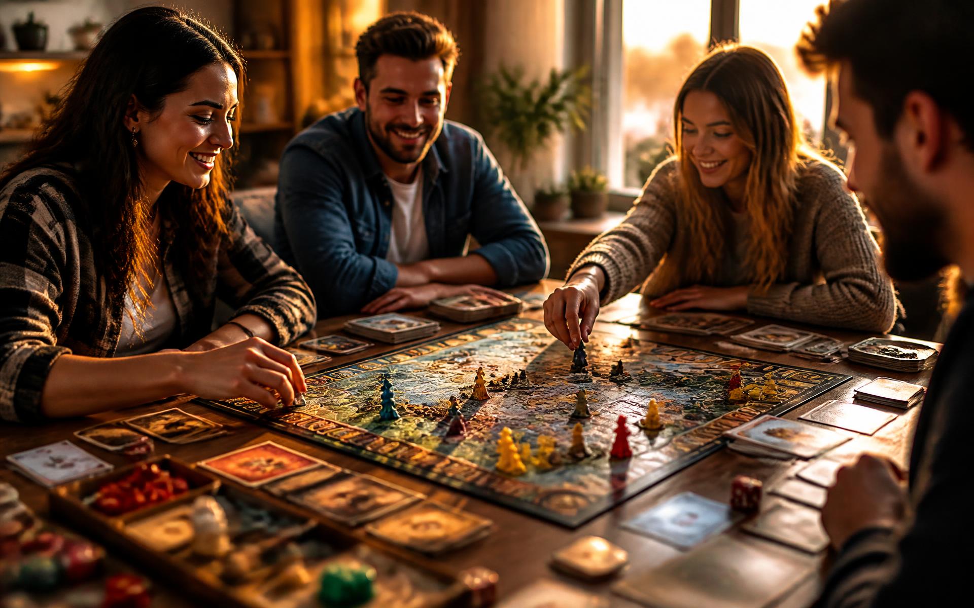 Vrienden spelen een bordspel aan een houten tafel